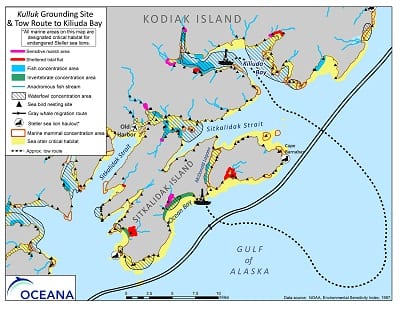 The towing course of the Kulluk from its grounding site to Kiliuda Bay 